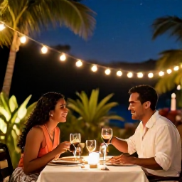 Caribbean Holidays, Puerto Rico Honeymoons, Romantic Puerto Rican evening with a couple dining outdoors beneath warm lights, tropical plants and a starlit sky