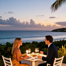 Caribbean Holidays, Puerto Rico Honeymoons, Romantic Puerto Rico honeymoon dinner for two on a softly lit terrace overlooking the Caribbean Sea