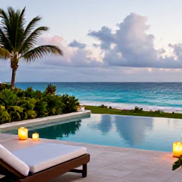Caribbean Holidays, Puerto Rico Honeymoons, Romantic Puerto Rico hotel terrace with plunge pool, ocean view, candles and tropical greenery in August