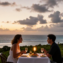 Caribbean Holidays, Puerto Rico Honeymoons, Romantic Puerto Rico sunset dinner on a terrace overlooking the Caribbean Sea, candles, local food and relaxed honeymoon atmosphere