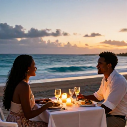Caribbean Holidays, Puerto Rico Honeymoons, Romantic sunset dinner for two on a Puerto Rico beachfront terrace, candles, local cuisine and ocean view