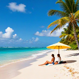 Caribbean Holidays, Puerto Rico Honeymoons, Secluded Puerto Rico beach with turquoise water, white sand, palm trees and a honeymoon couple relaxing under a parasol