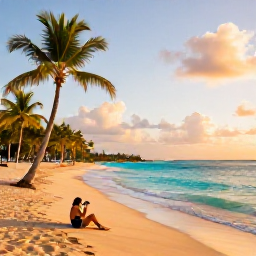 Caribbean Holidays, Puerto Rico Instagram, A quiet golden beach in Puerto Rico at sunset, with turquoise water, palm trees and a relaxed traveller taking photographs