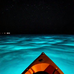 Caribbean Holidays, Puerto Rico Instagram, Colourful bioluminescent bay in Puerto Rico at night, with a kayak gliding across glowing blue-green water under a dark starry sky