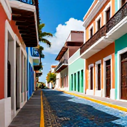 Caribbean Holidays, Puerto Rico Instagram, Colourful colonial street in Old San Juan, Puerto Rico, with bright blue cobblestones, pastel buildings, balconies and tropical sunlight