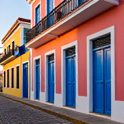 Caribbean Holidays, Puerto Rico Instagram, Colourful colonial streets in Old San Juan, Puerto Rico, with bright blue doors, pastel buildings and cobbled pavements in warm afternoon light