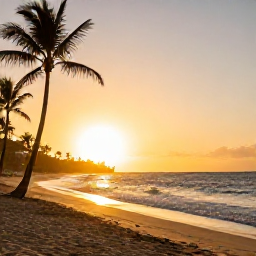 Caribbean Holidays, Puerto Rico Instagram, Golden beach in Puerto Rico at sunset, with palm trees, gentle waves and warm evening light