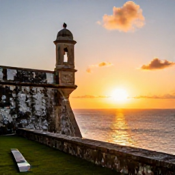 Caribbean Holidays, Puerto Rico Instagram, Golden sunset over the Atlantic Ocean from the city walls of Castillo San Felipe del Morro in San Juan, Puerto Rico