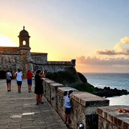 Caribbean Holidays, Puerto Rico Instagram, Golden sunset over the historic walls of Castillo San Felipe del Morro in San Juan, Puerto Rico, with ocean views and visitors taking photographs