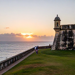 Caribbean Holidays, Puerto Rico Instagram, Historic Castillo San Felipe del Morro overlooking the Caribbean Sea at sunset, with visitors walking along the grassy ramparts
