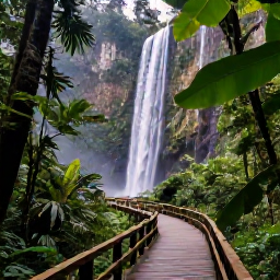 Caribbean Holidays, Puerto Rico Instagram, Lush El Yunque rainforest in Puerto Rico with a waterfall, tropical leaves and a wooden viewing path in soft natural light
