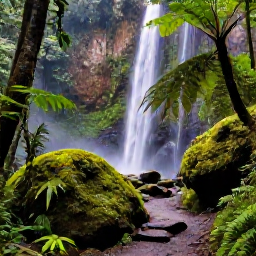 Caribbean Holidays, Puerto Rico Instagram, Lush tropical rainforest in El Yunque National Forest, Puerto Rico, with a waterfall, fern-covered rocks and a hiking path