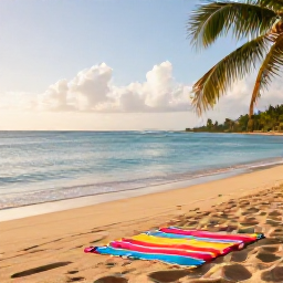 Caribbean Holidays, Puerto Rico Instagram, Palm-fringed beach at golden hour in Puerto Rico, with calm turquoise water, soft sand and a colourful beach towel