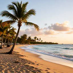 Caribbean Holidays, Puerto Rico Instagram, Palm-fringed beach at golden hour in Puerto Rico, with gentle waves, warm sand and a relaxed October holiday atmosphere