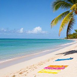 Caribbean Holidays, Puerto Rico Instagram, Palm-fringed beach in Puerto Rico with clear turquoise water, pale sand, colourful beach towels and bright April sunshine