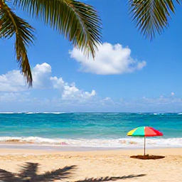 Caribbean Holidays, Puerto Rico Instagram, Palm-fringed beach in Puerto Rico with turquoise water, golden sand and a lone colourful beach umbrella under a bright sky