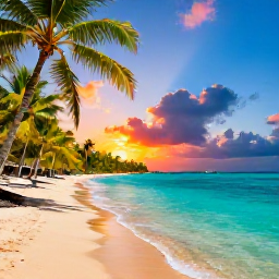 Caribbean Holidays, Puerto Rico Instagram, Palm-fringed tropical beach in Puerto Rico with clear turquoise water, golden sand and a vivid July sunset