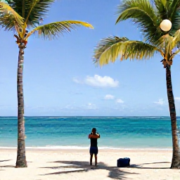 Caribbean Holidays, Puerto Rico Instagram, Palm-lined beach in Puerto Rico with turquoise water, pale sand and a relaxed traveller taking photographs in bright February sunlight
