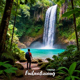 Caribbean Holidays, Puerto Rico Instagram, Turquoise waterfall and lush tropical forest in El Yunque National Forest, Puerto Rico, with a hiker on a shaded trail