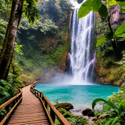 Caribbean Holidays, Puerto Rico Instagram, Turquoise waterfall and lush tropical forest in El Yunque National Forest, Puerto Rico, with a wooden trail and green foliage
