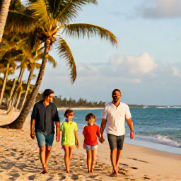 Caribbean Holidays, Puerto Rico January, A happy family walking along a sunny Puerto Rican beach in January, palm trees, calm turquoise sea and soft golden light