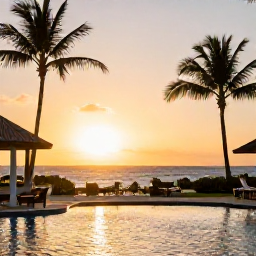 Caribbean Holidays, Puerto Rico January, Adults-only Puerto Rico resort at sunset with palm trees, calm pool and comfortable outdoor seating overlooking the Caribbean Sea