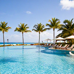 Caribbean Holidays, Puerto Rico January, Adults relaxing beside a stylish infinity pool at an adults-only resort in Puerto Rico, bright January sunshine and palm trees