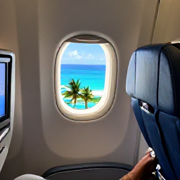 Caribbean Holidays, Puerto Rico January, Business class passenger relaxing in a comfortable aircraft seat on a daytime flight to Puerto Rico, with a tropical coastline visible through the window