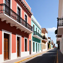 Caribbean Holidays, Puerto Rico January, Colourful Old San Juan street in January with Spanish colonial buildings, balconies, cobbled pavement and tropical sunlight
