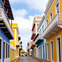 Caribbean Holidays, Puerto Rico January, Colourful Old San Juan street in Puerto Rico with Spanish colonial buildings, balconies and lively local atmosphere