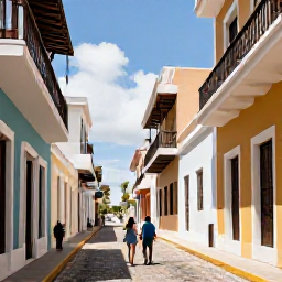 Caribbean Holidays, Puerto Rico January, Couple exploring the colourful streets of Old San Juan, Puerto Rico, with colonial buildings, cobbled streets and balconies under sunny skies