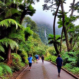 Caribbean Holidays, Puerto Rico January, El Yunque National Forest in Puerto Rico with lush green rainforest, a waterfall, misty hills and visitors walking along a marked trail