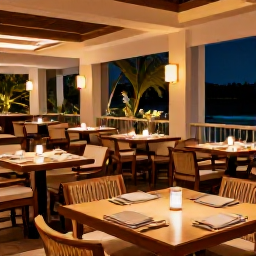 Caribbean Holidays, Puerto Rico January, Elegant adults-only resort restaurant in Puerto Rico serving Caribbean-inspired dinner, warm lighting and relaxed evening atmosphere