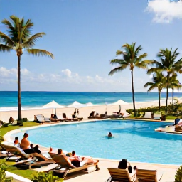 Caribbean Holidays, Puerto Rico January, Elegant all-inclusive Puerto Rico resort pool beside a tropical beach, sun loungers, palm trees and guests relaxing