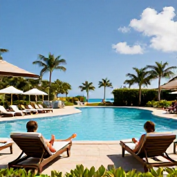 Caribbean Holidays, Puerto Rico January, Elegant Puerto Rico all-inclusive resort in January with swimming pool, sun loungers, tropical gardens and guests enjoying a relaxed holiday