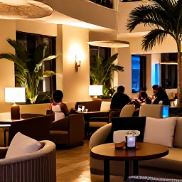Caribbean Holidays, Puerto Rico January, Elegant Puerto Rico hotel lounge with comfortable seating, warm lighting, tropical plants and guests enjoying a relaxed evening atmosphere