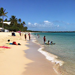 Caribbean Holidays, Puerto Rico January, Family enjoying a calm Caribbean beach in Puerto Rico, children paddling in shallow clear water, colourful beach towels and palm trees