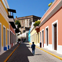 Caribbean Holidays, Puerto Rico January, Family exploring the colourful streets and historic fortresses of Old San Juan, Puerto Rico, bright colonial buildings and cobbled lanes