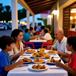 Caribbean Holidays, Puerto Rico January, Family sharing a relaxed Puerto Rican meal at an outdoor restaurant, colourful local dishes, friendly atmosphere and warm evening light