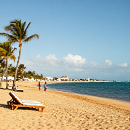 Caribbean Holidays, Puerto Rico January, Golden sandy beach in Puerto Rico with calm turquoise water, sun loungers, palm trees and a couple walking beside the shore in January