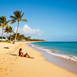 Caribbean Holidays, Puerto Rico January, Golden sandy beach in Puerto Rico with clear turquoise water, palm trees and a couple relaxing under the warm January sunshine