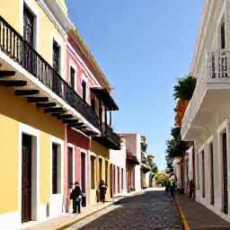 Caribbean Holidays, Puerto Rico January, Historic Old San Juan street with colourful buildings, cobbled pavement, balconies and visitors exploring in warm January sunshine