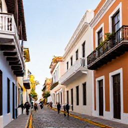 Caribbean Holidays, Puerto Rico January, Historic Old San Juan street with colourful Spanish colonial buildings, balconies, cobbled paving and visitors exploring in warm January sunshine