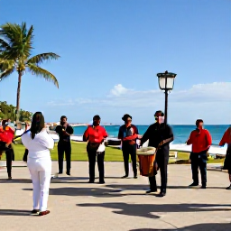 Caribbean Holidays, Puerto Rico January, Puerto Rican musicians performing bomba and plena beside a lively seaside plaza, with dancers and traditional drums