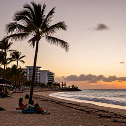 Caribbean Holidays, Puerto Rico January, Puerto Rico beach at sunset in January with palm trees, gentle waves, warm orange sky and a couple relaxing near an all-inclusive resort