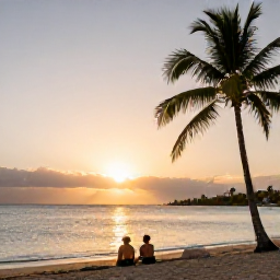 Caribbean Holidays, Puerto Rico January, Puerto Rico beach at sunset with palm trees, calm Caribbean sea and couple enjoying a peaceful evening
