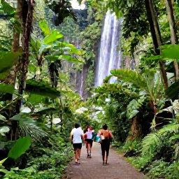 Caribbean Holidays, Puerto Rico January, Puerto Rico January excursion with tropical rainforest, lush green foliage, waterfall and visitors walking on a peaceful trail