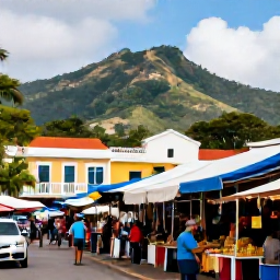 Caribbean Holidays, Puerto Rico January, Scenic Puerto Rico cultural travel scene showing a visitor at a local market near tropical hills and colourful Caribbean town buildings