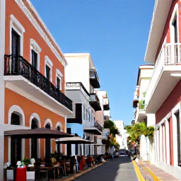 Caribbean Holidays, Puerto Rico January, Sunny San Juan street with colourful colonial buildings, balconies, palm trees and visitors walking between caf&eacute;s and historic landmarks in January