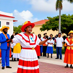 Caribbean Holidays, Puerto Rico January, Traditional Puerto Rican Three Kings celebration with colourful costumes, musicians and families enjoying a town plaza